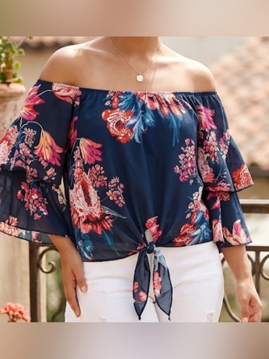 Tops - Off-Shoulder Navy Floral Tie-Front Women’s Top